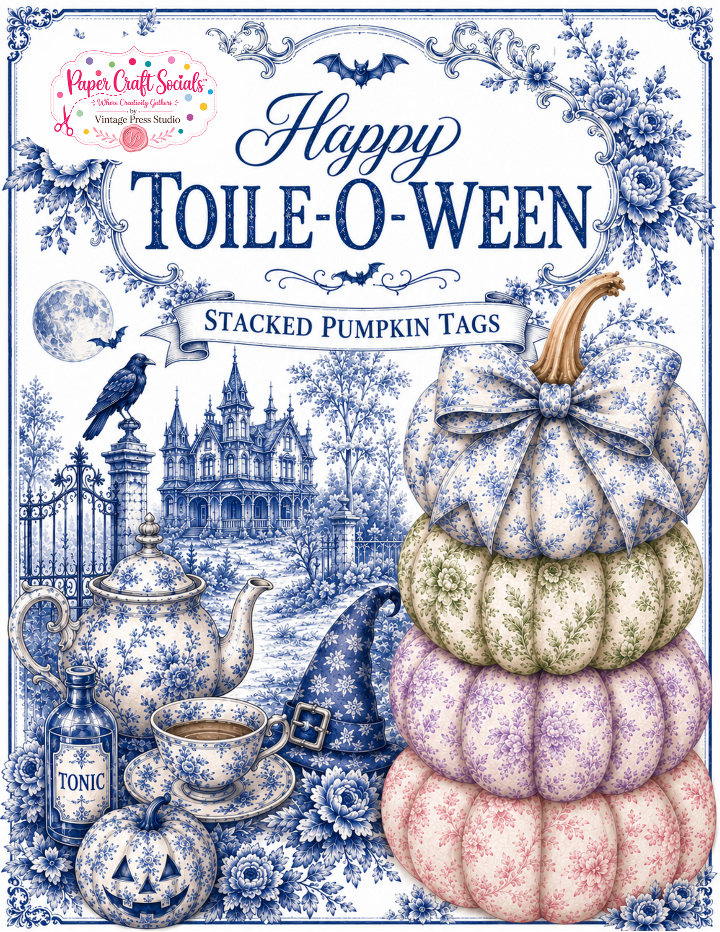 Happy "Toile-O-Ween" Halloween Stacked Loaded Pumpkin Tags ***Digital File***