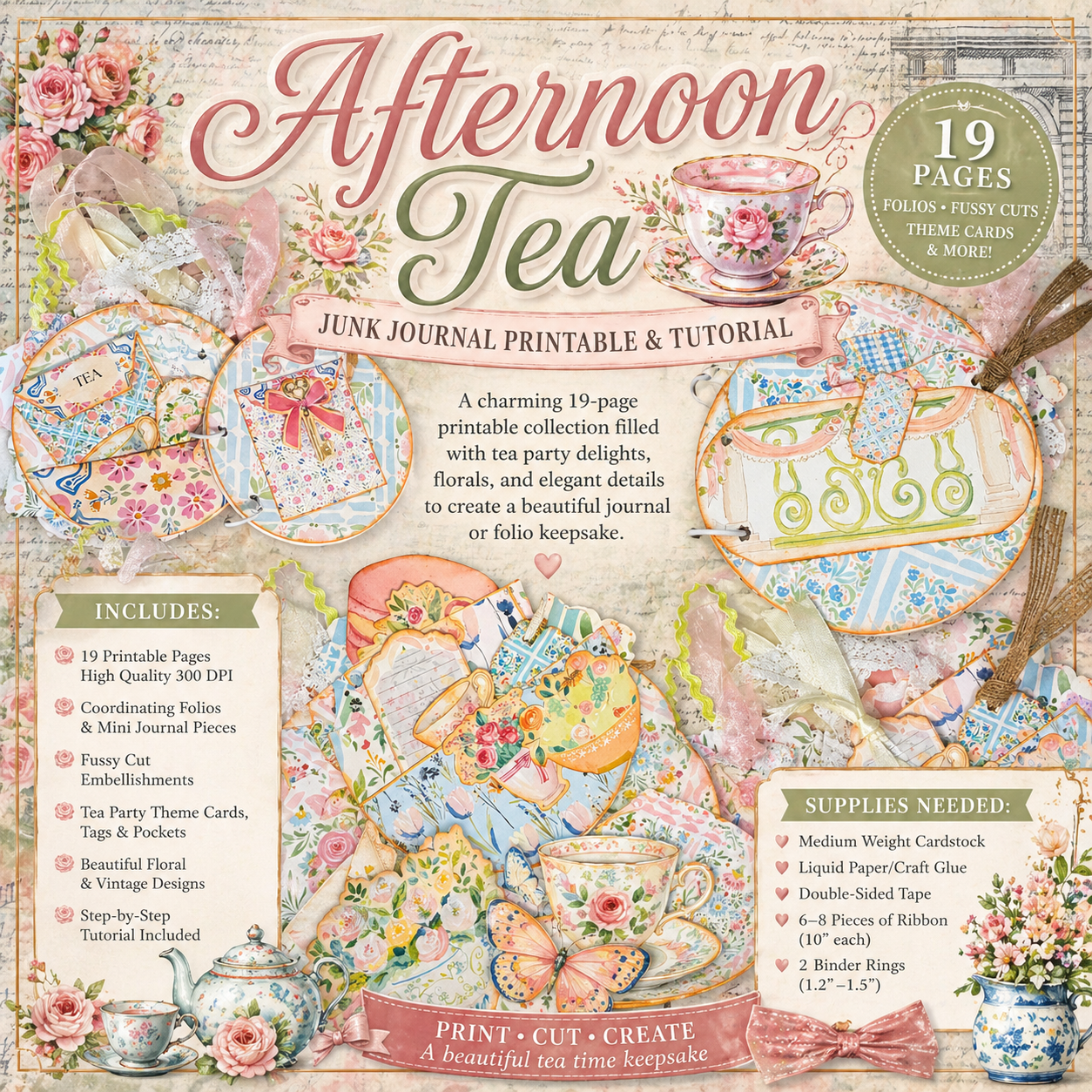 Tea Party Theme Junk Journal Printable Kit and Tutorial**Digital Kit**