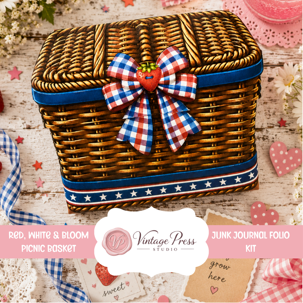 "Red, White & Bloom" Summer Picnic Basket Junk Journal Folio & Paper Pack Kit  ***Digital File***