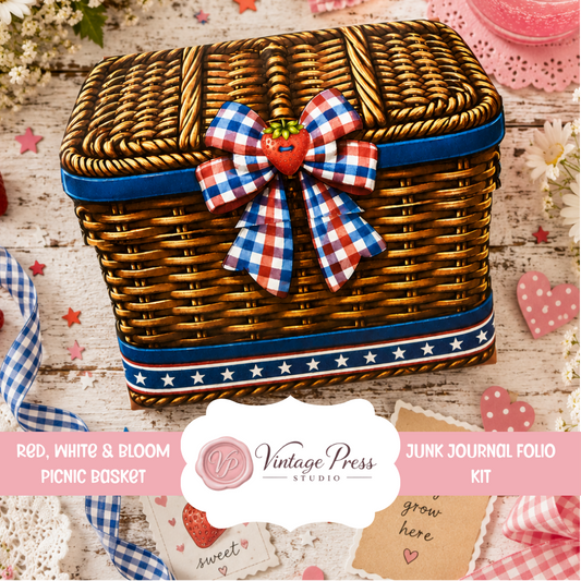 "Red, White & Bloom" Summer Picnic Basket Junk Journal Folio & Paper Pack Kit  ***Digital File***
