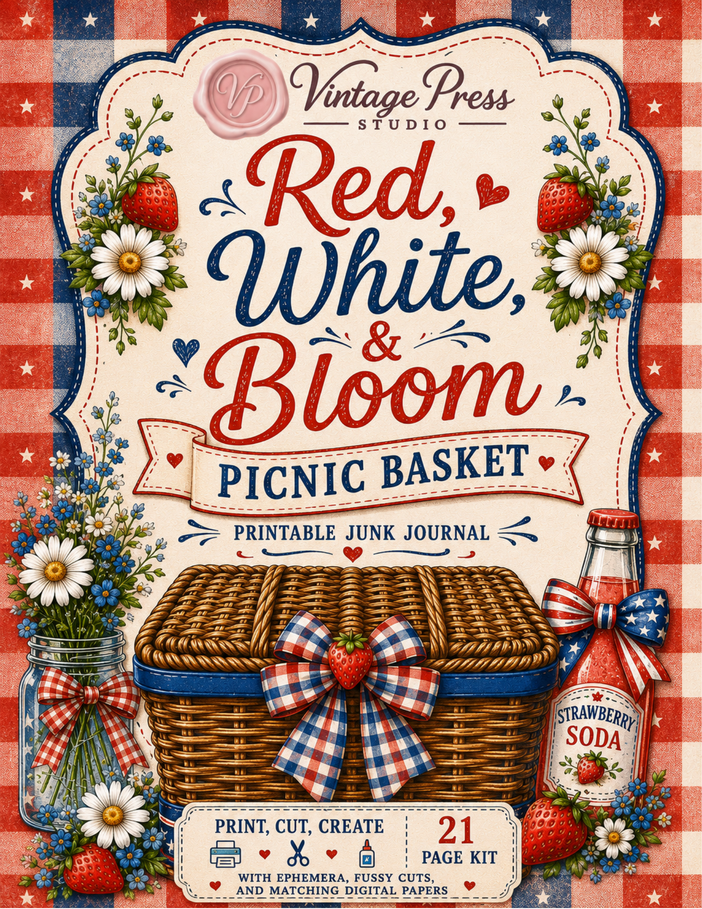 "Red, White & Bloom" Summer Picnic Basket Junk Journal Folio & Paper Pack Kit  ***Digital File***