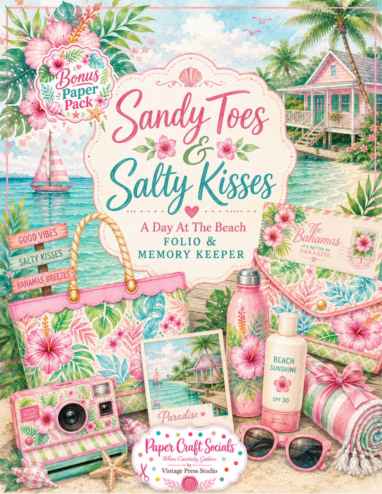 Beach Bag Travel Set "Sandy Toes & Salty Kisses" Bonus Paper Pack  **Digital File**