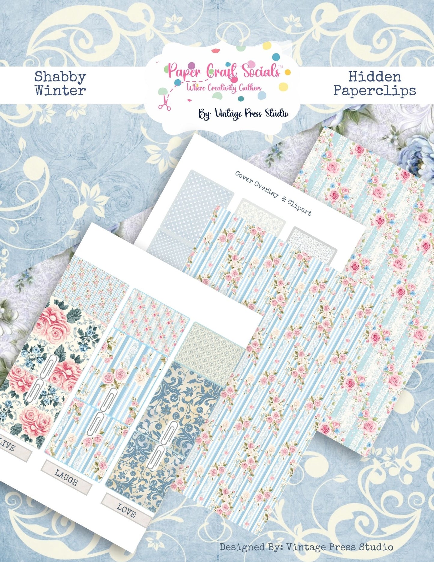 Winter Blue Shabby Chic Hidden Paper Clips & Hidden Tag Bundle **Digital File**